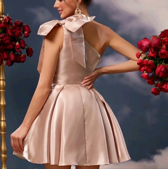 Elegant Champagne Shiny Satin Shoulder Bow Decor Front Mesh Cutout Luxury - Picture 3 of 4